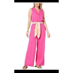 G by Giuliana Sugar-Washed Linen-Blend Wide Leg Jumpsuit Magenta xl